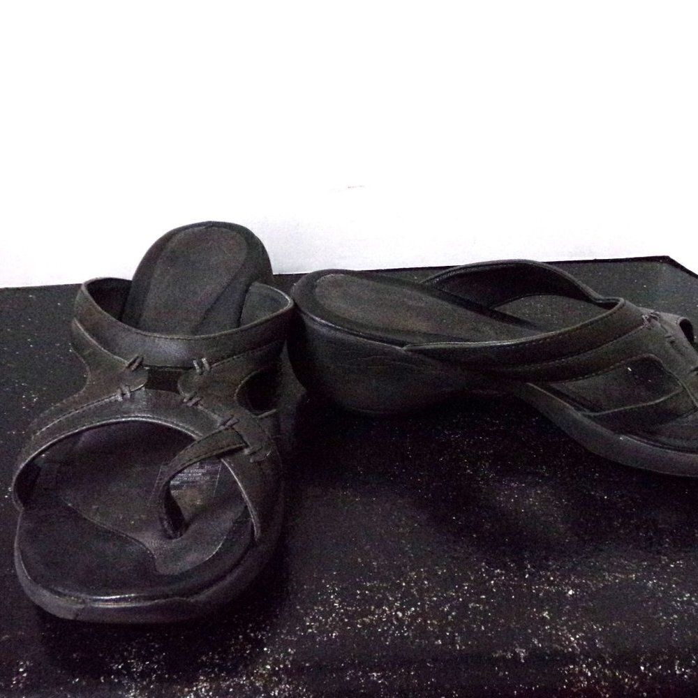 Merrell Black Sundial Spin Wedge Sandals Leather
